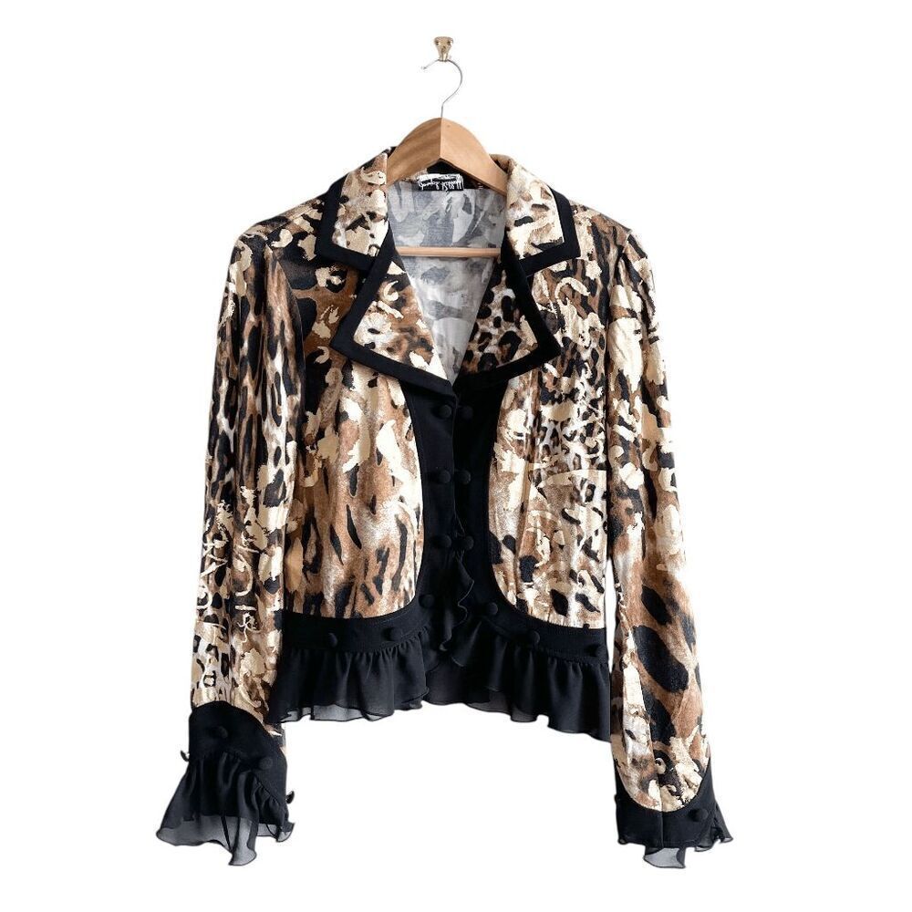 Joseph Ribkoff Metallic Ruffle Animal Print Ruffled Jacket in Gold, Black, Cream